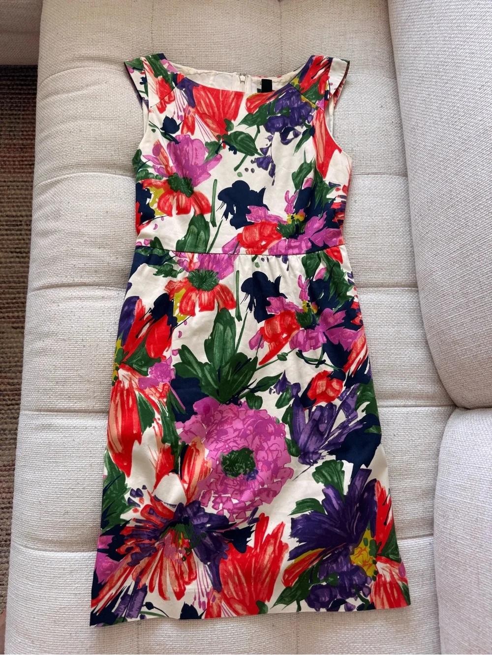 J. Crew Floral Sheath Dress in White with Red, Pink & Purple Blooms - size 0